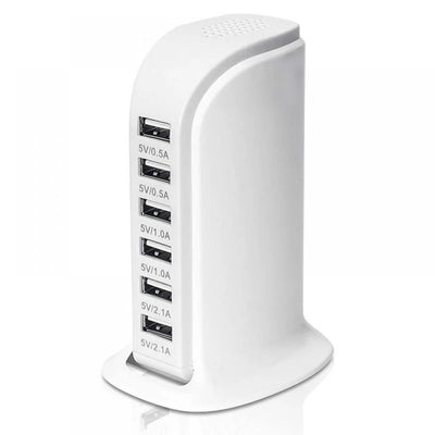 Multi-Device Charging Station, Usb Charging Hub 6-Port Fast Charging Station, Multi-Port Wall Charger Fast Charging 2.1A Tower Power Adapter Travel Charger Tablet Smartphone (White)