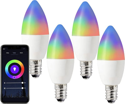 Smart Bulbs,Led RGBCW Color Changing Light Bulb,Wifi 2.4G,Compatible with Alexa,Google Home Assistant,4.5W(40W Equivalent),E12 Candelabra Base,4 Pack
