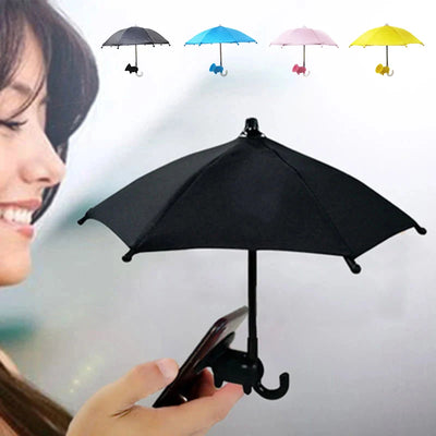 Mobile phone with sunshade umbrella mounted outdoors

