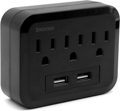 Multi Plug Outlet Extender,  Multiple Expander with 2 USB Ports Wall Outlet, 1875W Fast Charging, Portable Mini Surge Protector Adapter for Travel, Home, Office, Dorm and Car (Black-1)